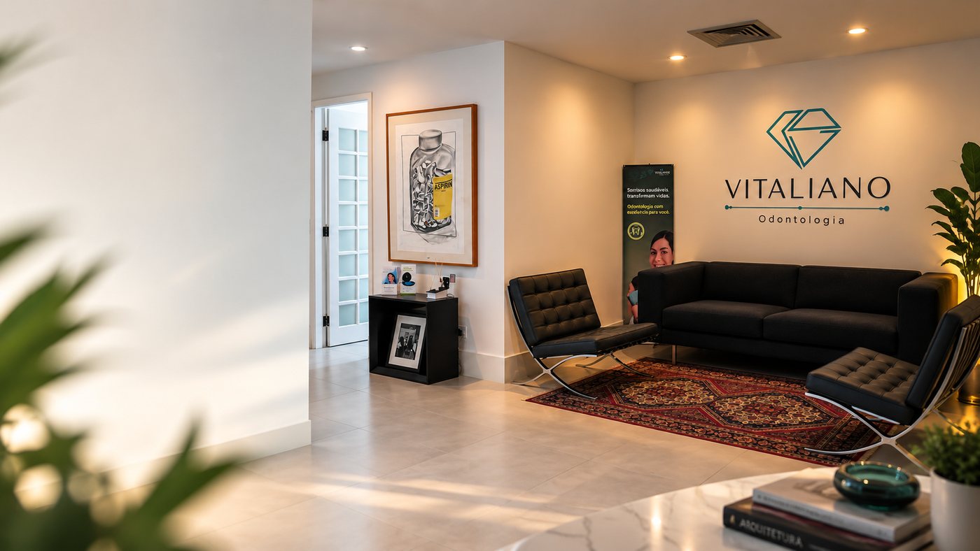 Sala de espera da Vitaliano Odontologia, com sofá, poltronas e a marca na parede, em Alphaville Industrial, Barueri