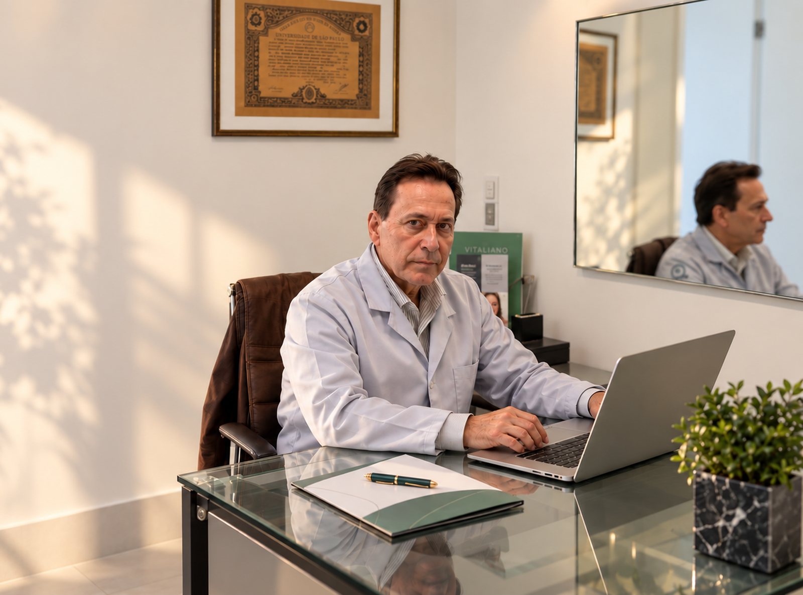 Dr. José Arthur C. Vitaliano à mesa do consultório, na Vitaliano Odontologia, em Alphaville Industrial, Barueri
